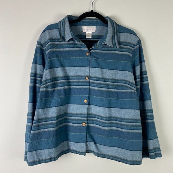 Susan Graver Linen Blend Short Button Up Shirt Womens 1X Blue Stripe - Picture 1 of 9